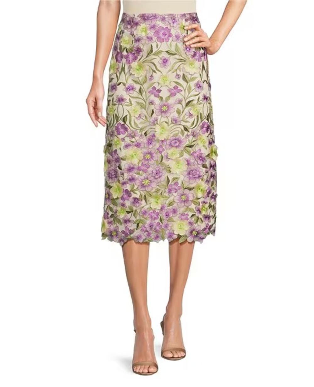 Muse by Marchesa Cynthia Floral Novelty Embroidered Pencil Midi Skirt US 0 NWT